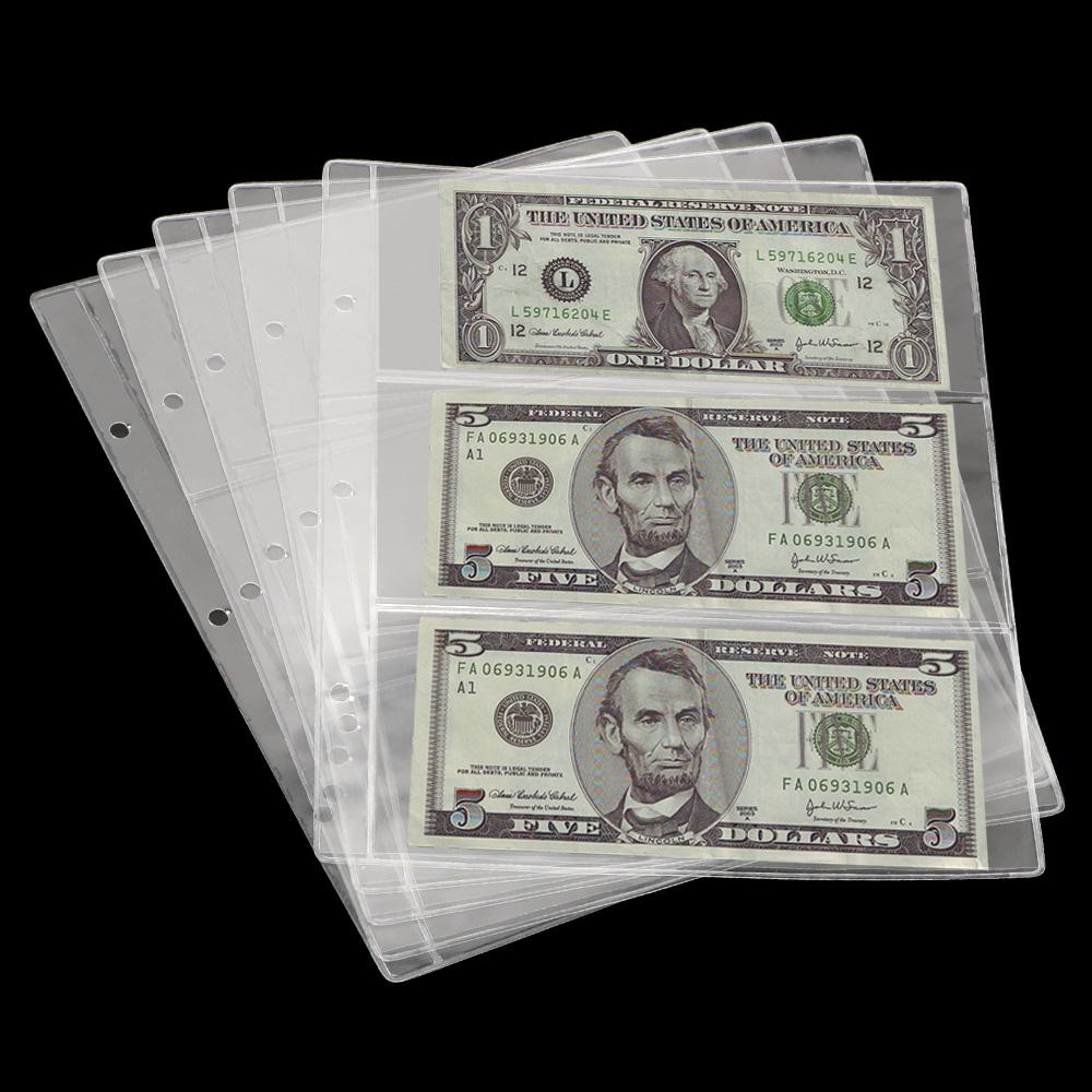Banknotes Holder Paper Money Collection Album Loose Leaf Sheet Paper Money Protective Bag Transparent 3-Slot Money Banknote Portable for Collector