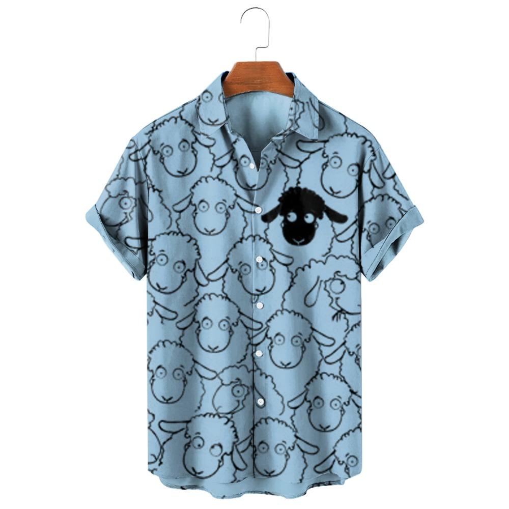 Cute Cat Pattern Print Men Short Sleeve Shirt Summer Men Fashion Loose Shirt Tops