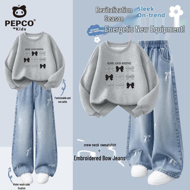 Girls' Crew Neck Sweatshirt & Embroidered Denim Pants Set