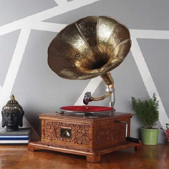 Mosaz a dřevo Zlatý gramofon Vintage gramofony Gramofon Jehla Květinová řezba Vintage gramofon