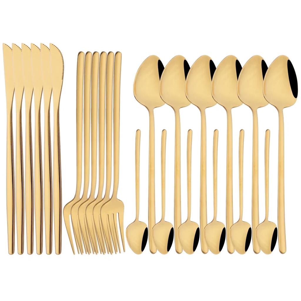 24Pcs Pink Gold Cutlery Set Knife Forks Coffee Spoon Tableware Set Mirror Flatware Stainless Steel Dinnerware Western Silverware