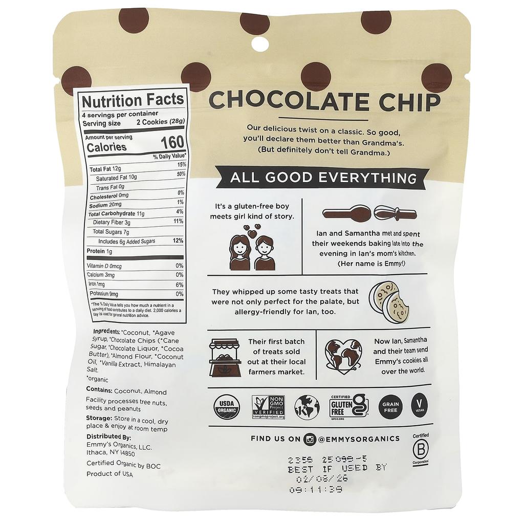 Emmy's Organic Cookies, Soft and Chewy Coconut Cookies, Chocolate Chip, 4 oz (113 g)