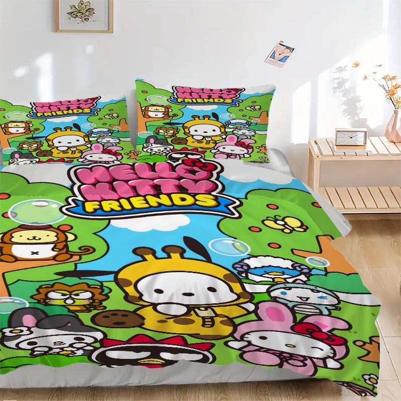 

3 шт. Комплект постельного белья с принтом Друзья Hello Kitty (1 Пододеяльник + 2 Наволочки, Без Наполнителей), Мягкий и удобный W041 135x200cm