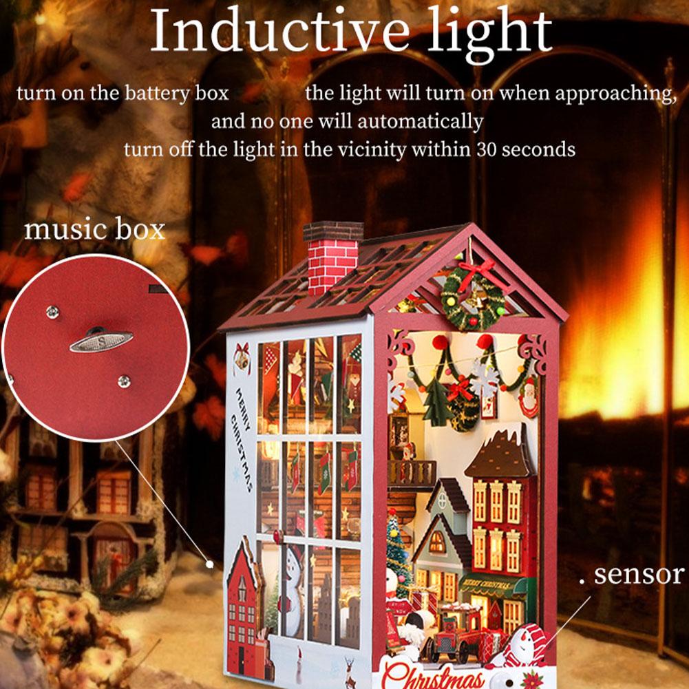 DIY Book Nook Kit Miniature Dollhouse Kit Xmas Eve Snowflakes Building with LED Light Diorama Model Birthday Gifts