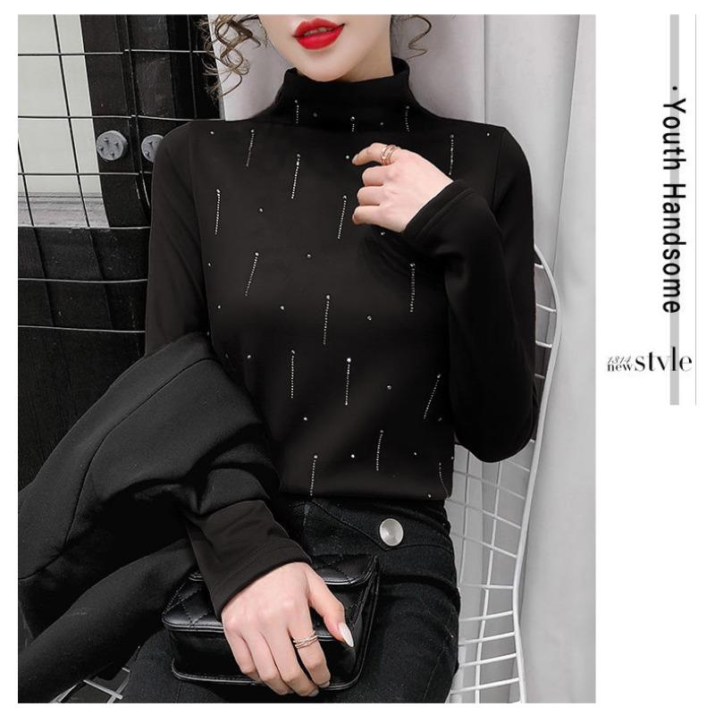 Catifea Germană Față-Verso Gât Mediu Înalt pentru Femei Tricou cu Mânecă Lungă din Catifea Plus Toamnă Iarnă Top cu Incrustații de Diamante