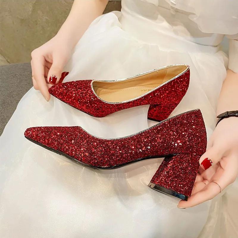 Fashion New 2025 Spring Women Pumps Pointed Toe High-heeled Shoes Sequin Women's Single Thick Heel Party Wedding Dress Shoes Large Size