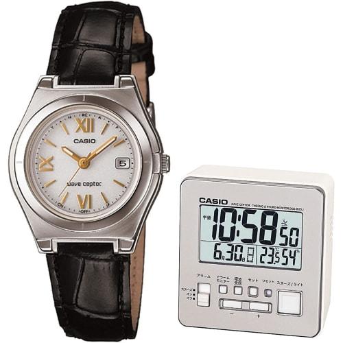 

Wave Cepter Women s Solar Radio-Controlled Watch with Black Leather Band and Radio-Controlled Alarm Clock (Set of 2) (LWQ-10LJ-1A1JF & DQD-805J-8JF)
