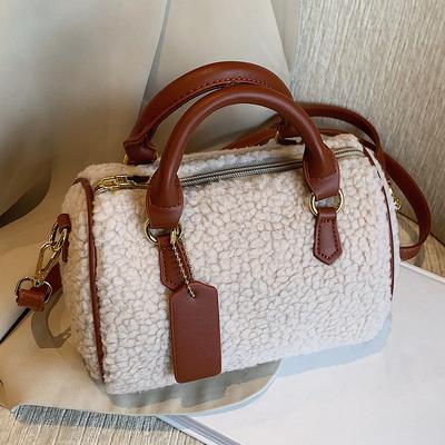 Women Pu Leather Shoulder Bag Fluffy Furry Boston Barrel Bag With Pocket Satchel Purse With Zipper Handbag For Work Travel