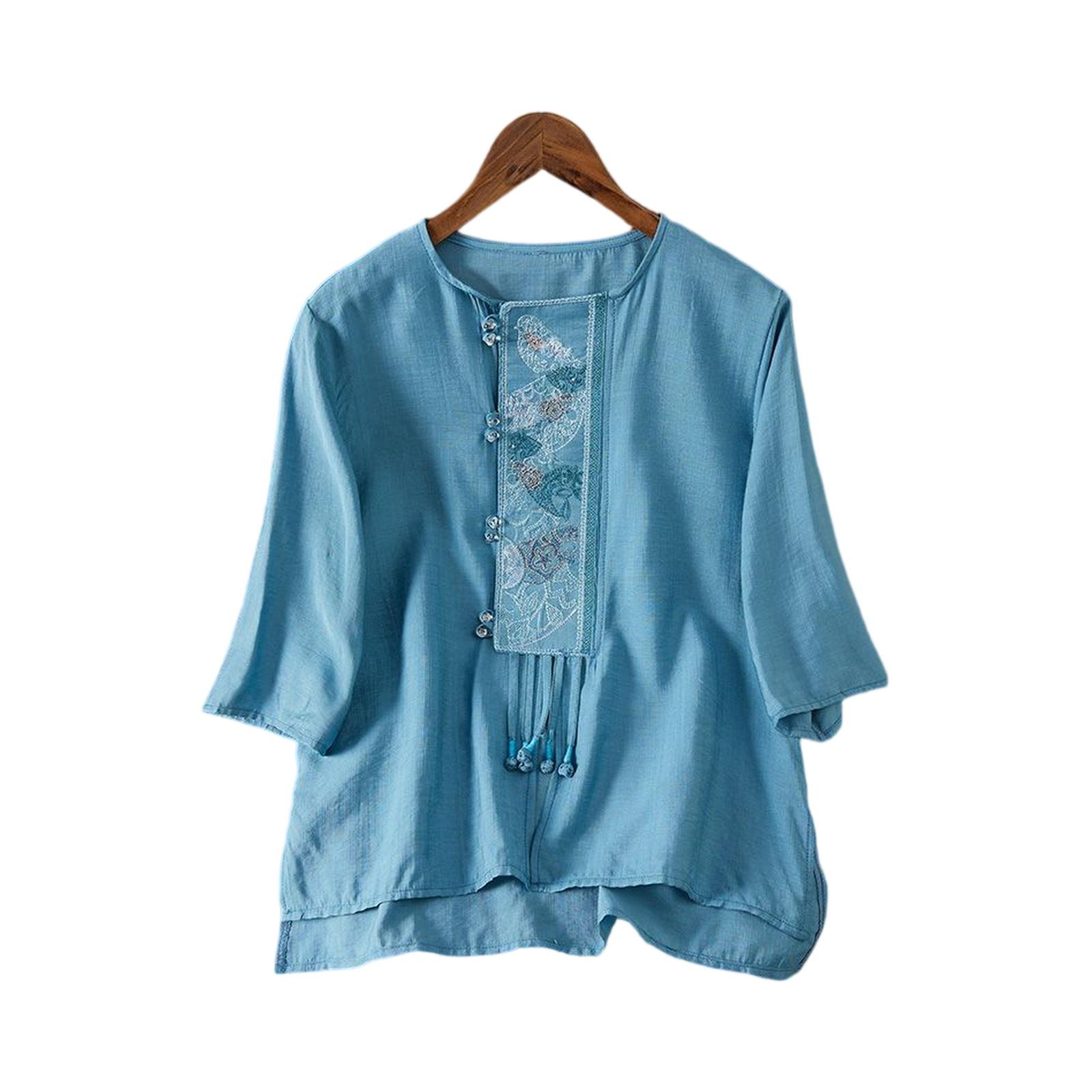 Fashionable Women s Cotton And Linen Short-sleeved Pullover Top With Embroidery, , Loose Fit, Slimming, Versatile Cotton And Linen T-shirt. L синий
