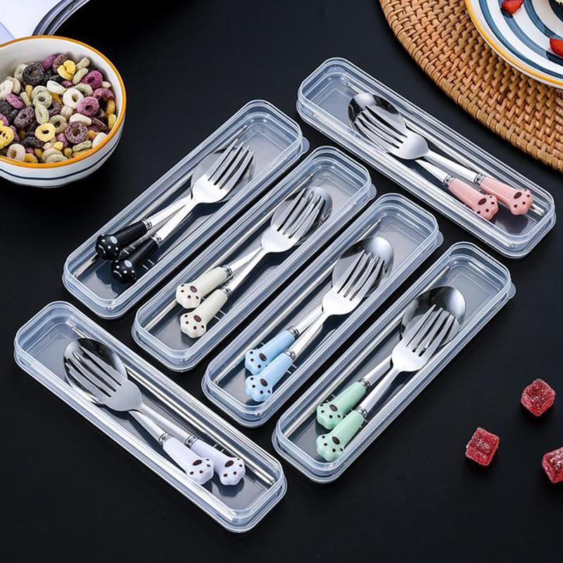 Cat Claw Stainless Steel Tableware Set Portable Cutlery Fork Spoon Chopsticks Three-Piece Suit With Box Travel Flatware Gift