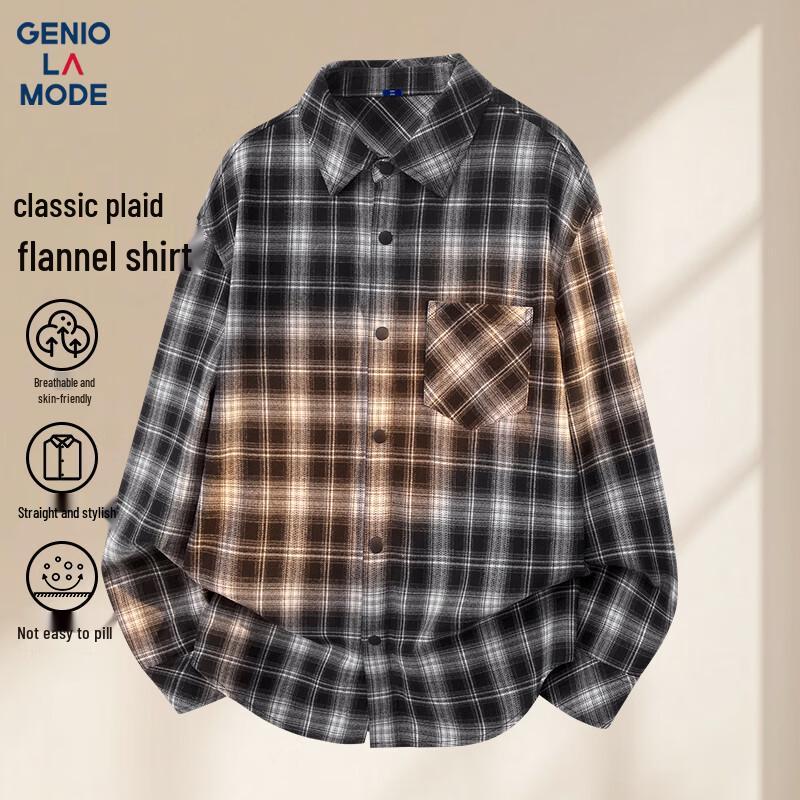 GENIOLAMODE Men s Plaid Flannel Long-Sleeve Casual Shirt M