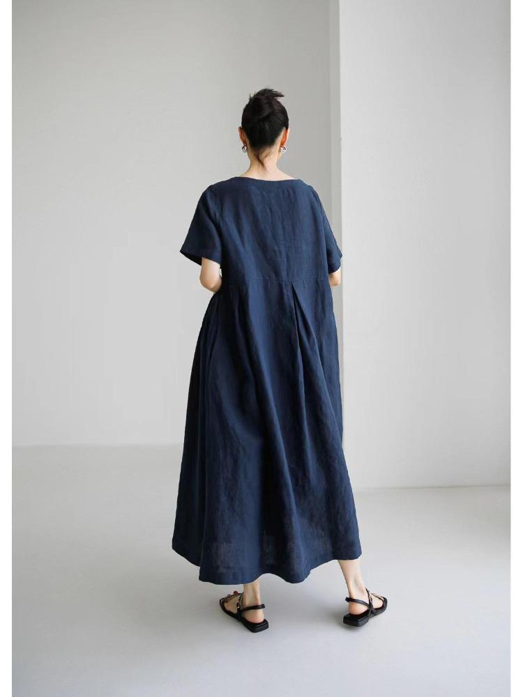 Vestito Oversize Stile Giapponese Coreano Cotone Lino Pullover Girocollo Monocolore Lunghezza al Ginocchio Gonna Svasata