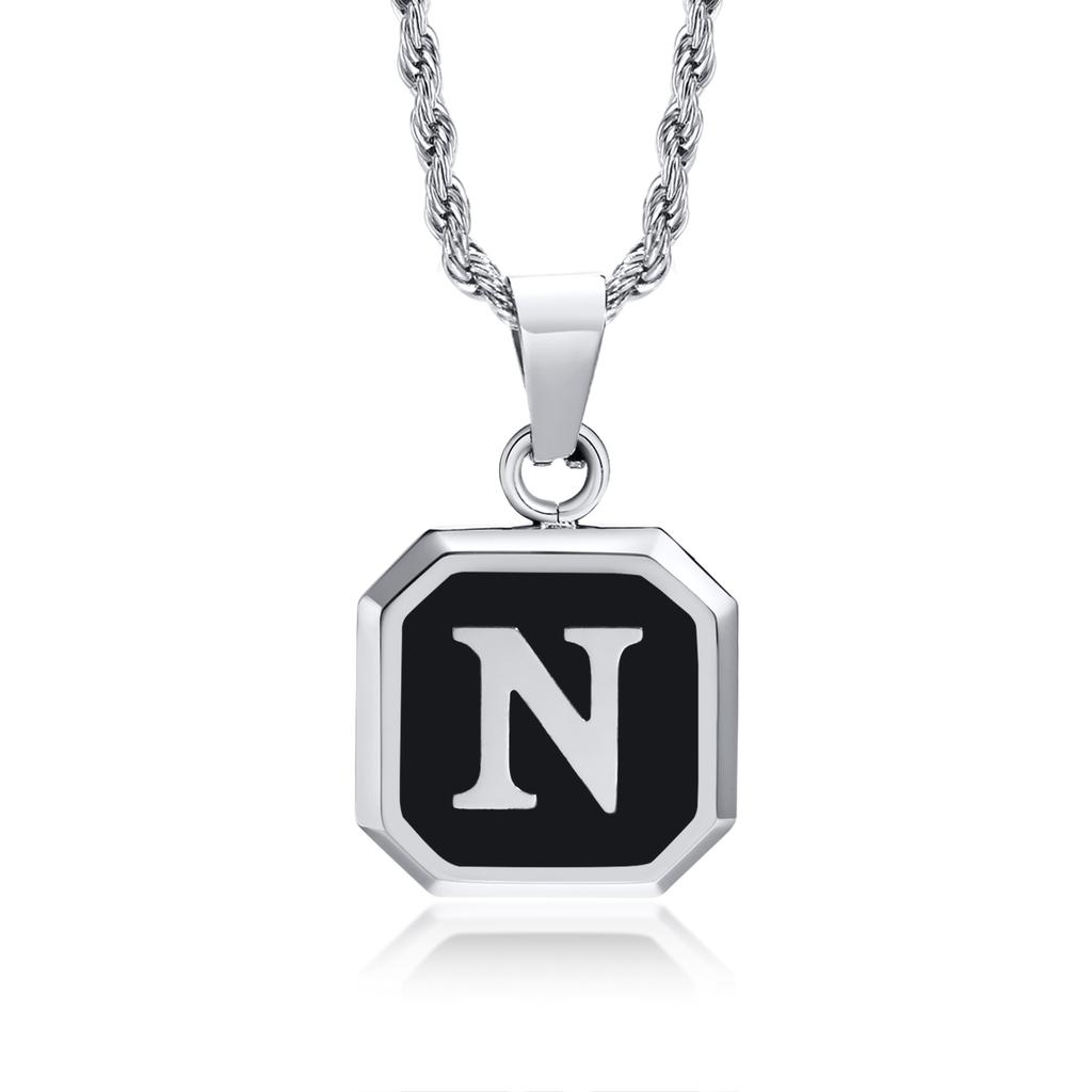 Initials Necklaces for Men Women,A-Z 26 Letters Black Square Stainless Steel Pendant Collar,45-60CM Twisted Rope Chain Gifts