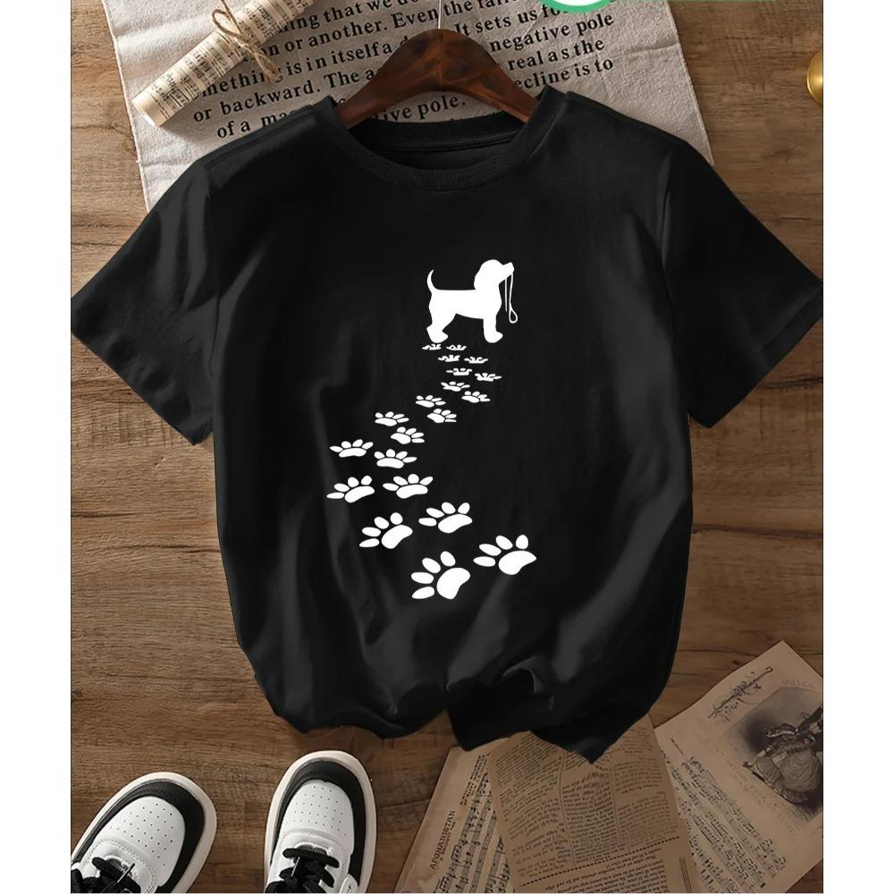 Casual T-shirt Women's Sleeve with A Dog Paw Print Round Neck Graphic Design Suitable Clothing Clothes