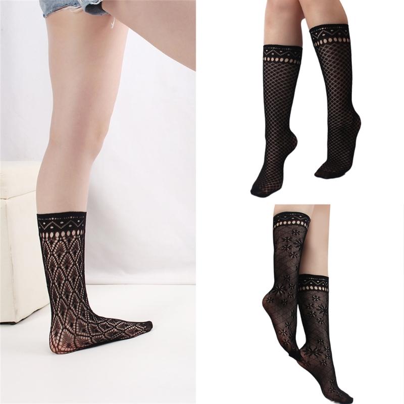 1 Pair Japanese Styles Fishnet Mesh Hollowout Patterned Stockings Breathable Thin Middle Calf Socks for Women and Girls