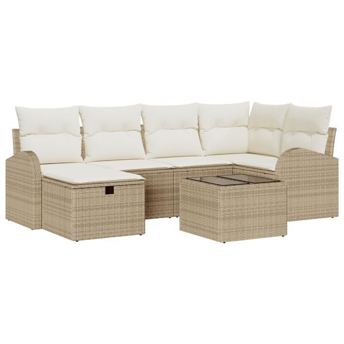 Ensemble de canapé de jardin 7 pièces avec coussins Beige Poly Rattan, Canapé de jardin 2 places avec rangement et coussins 3360422