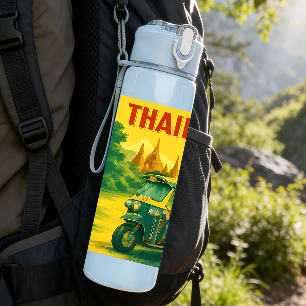 1PC Thailand Retro Travel Poster 750ml Color Plastic Sports Water Bottle Leakproof Flip Straw Lid Suitable for Sports Office Home Use