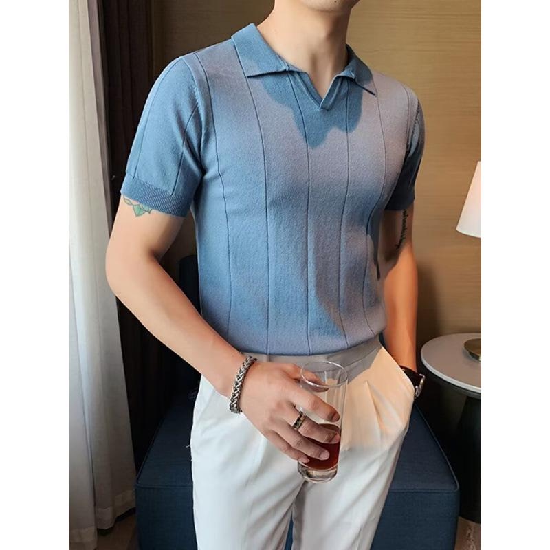 Men's Summer Striped Knit Polo Shirt – Short Sleeve, Slim Fit, V-Collar, Business Casual