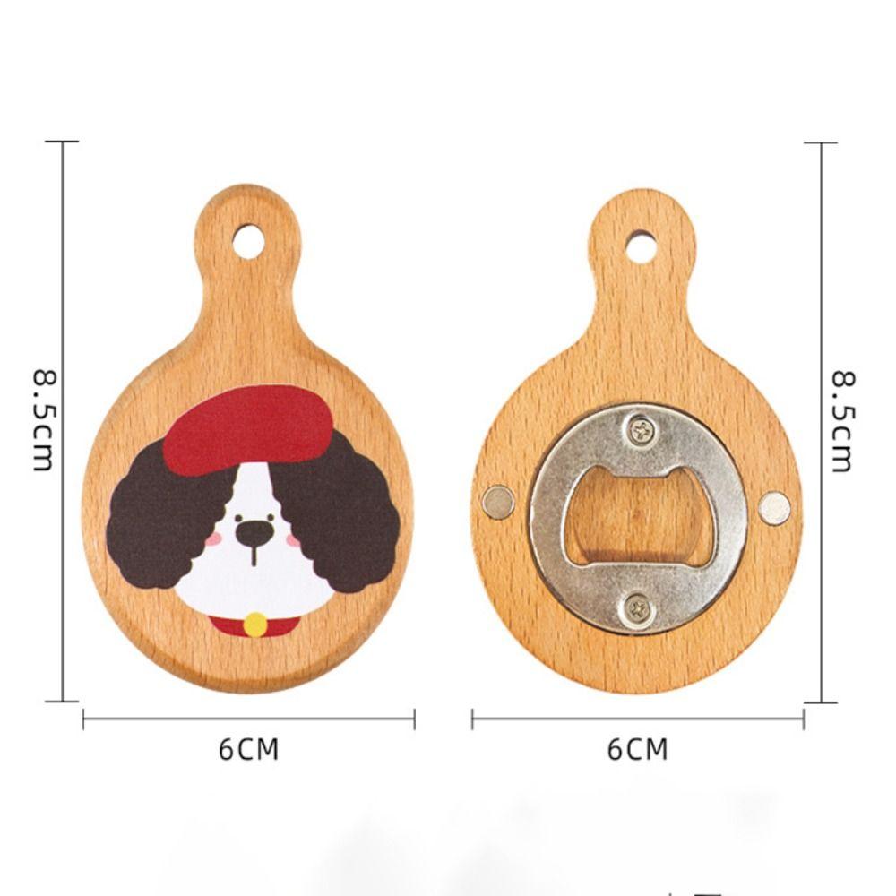 Cartoon Solid Wood Bottle Openers Magnetic with Round Handle Beer Cap Catche Refrigerator Sticker Bar