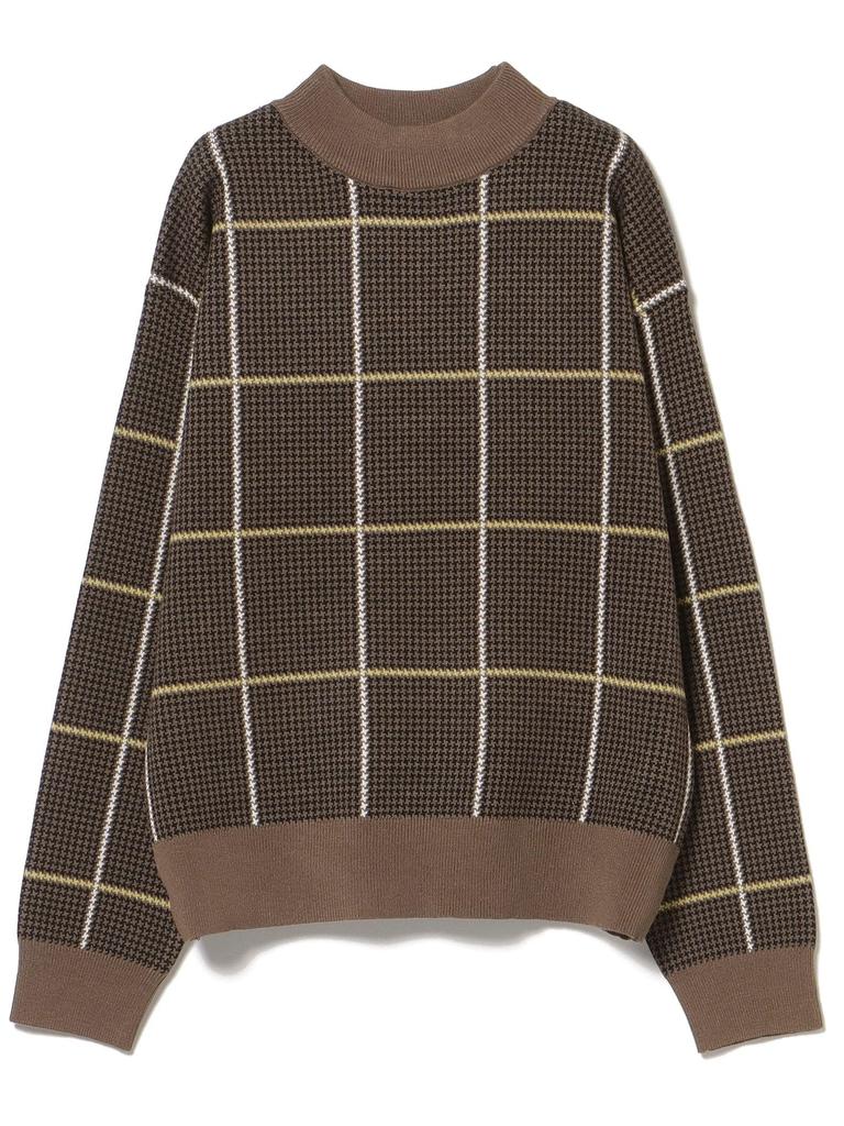 Strickpullover mit hohem Kragen und Karomuster, BEIGE, Einheitsgröße [Beams Heart], L/S, Damen