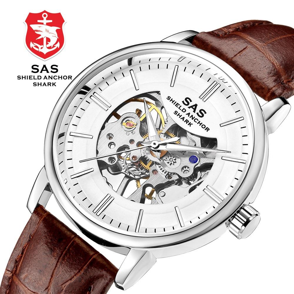 

SAS Shield Anchor Shark Спортивные часы Мужские винтажные механические часы с кожаным ремешком с полым ремешком коричневый/белый