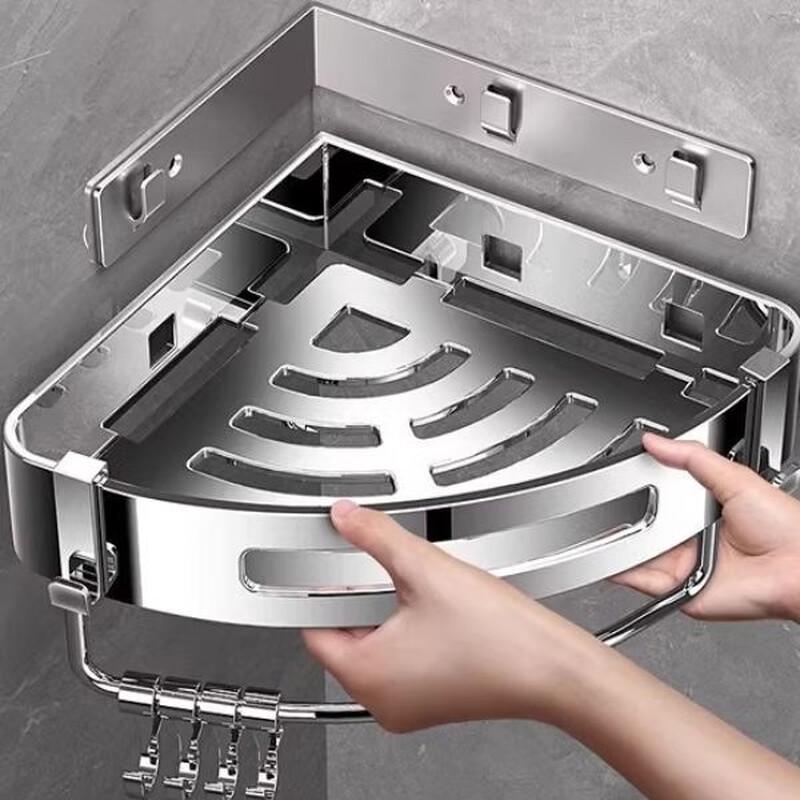 304 Stainless Steel Double-Layer Bathroom Shelf with Rod & Hooks