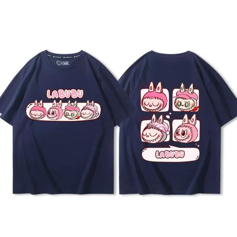 

Мультяшная розовая футболка с мультяшным принтом Labubu для весенне-летней моды для пары, женский топ с круглым вырезом и короткими рукавами 3XL