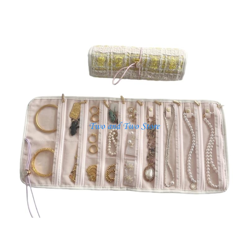 HX6F Sustainable Fabric Jewelry Organiser for Women Portable Multi Compartment Storage Bag For Necklaces Earrings