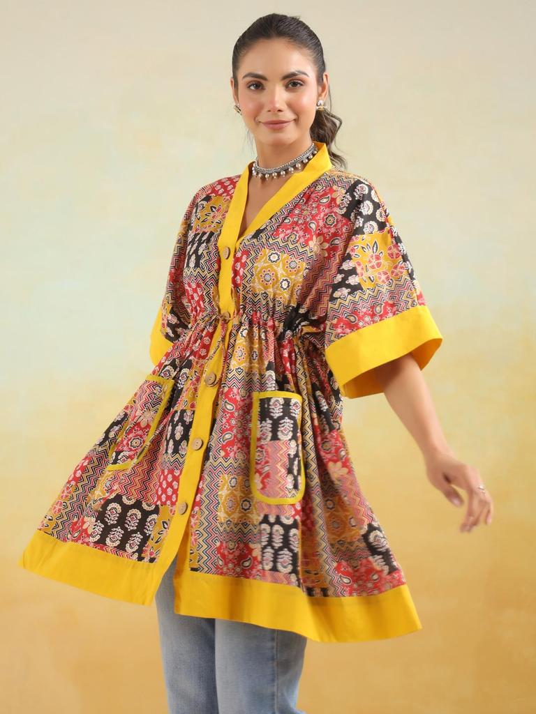 Hand block printed cotton top tunic kaftan handPrinted cotton w/pockets tunic loose fitting free size tunic RedYellow Kaftan Limited edition