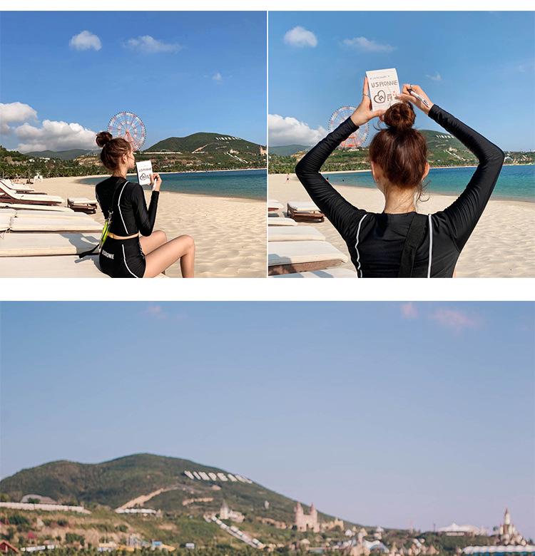 2023 Stylish Ribbed Solid Black Two-Piece Swimsuit with Long Sleeve Sun Protection