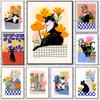 Cute Black Cat With Flowers Canvas Painting Wall Art Animal Poster Flower Print for Living Room Home Decor Unframed