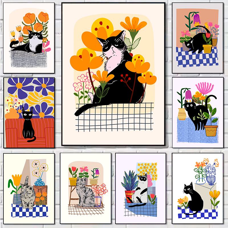 Canvas Painting Cute Black Cat with Flowers Wall Art Animal Poster Flower Print for Living Room Home Decor Unframed