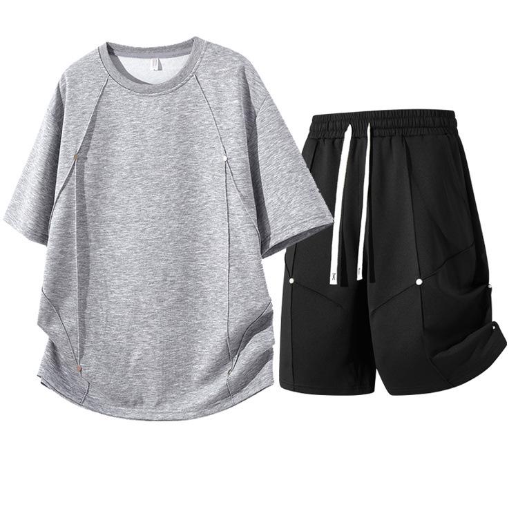 Trendy Men's Round Neck Plus Size T-Shirt & Shorts Set - Casual, Loose, Breathable Two-Piece.