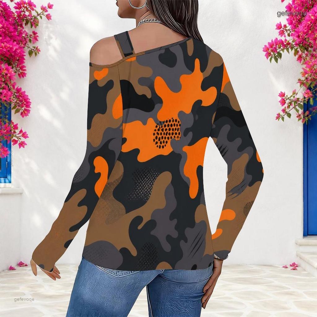 Women Plus Size Camouflage Printed Asymmetric Cutout Neck Cold Shoulder Long Sleeve Fitted Top