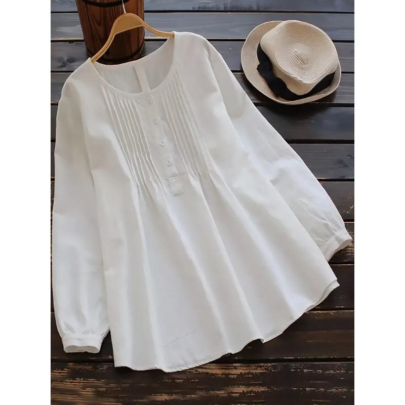 Loose Cotton Linen Long Sleeve Pleated Round Neck Plus Size Women S Shirt