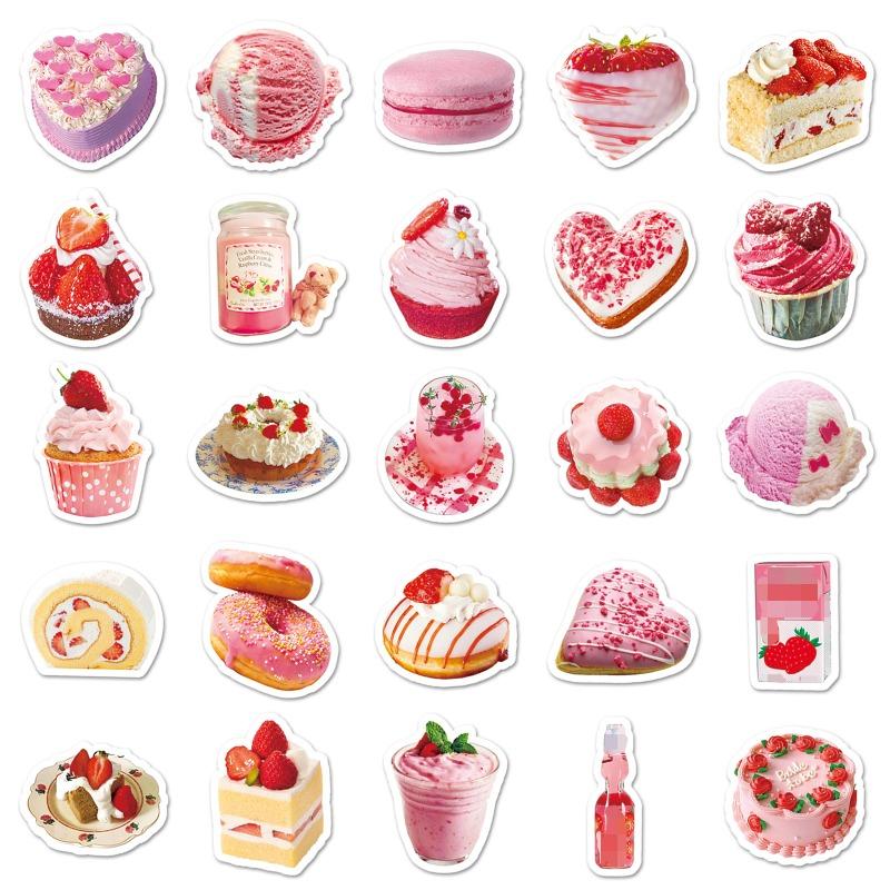 50pcs/set Ins Korean Cake Scrapbook Sticker Pink Color Dessert Series Journal Sticker Cute DIY Decor Laptop Stationery Sticker