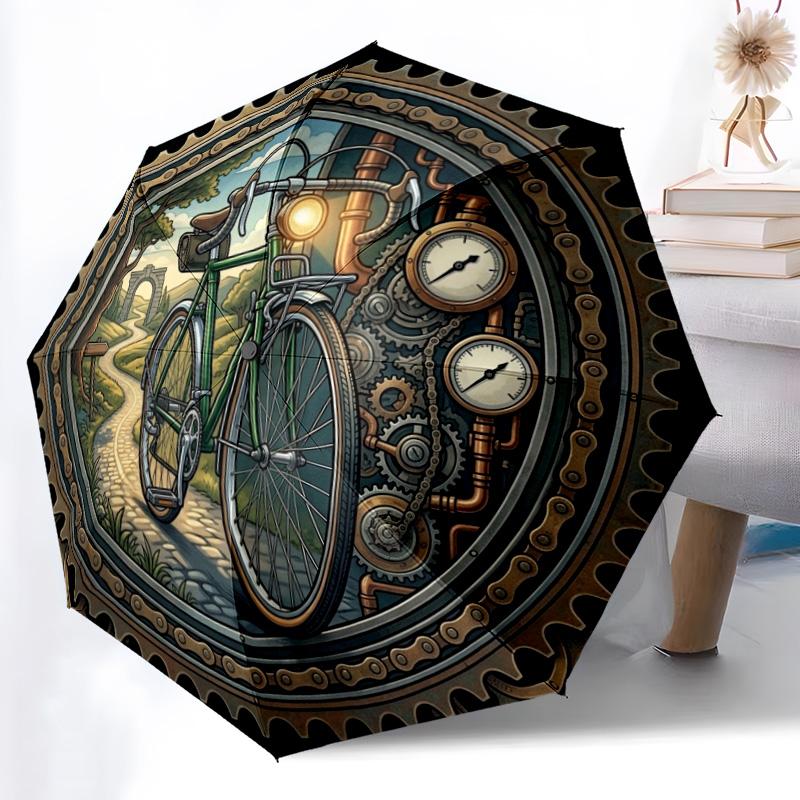 Steampunk Bicycle Journey Pattern Umbrella, Portable and Foldable Design, 8 Ribs, a Casual Accessory for Halloween, Christmas, and Birthday Gifts.