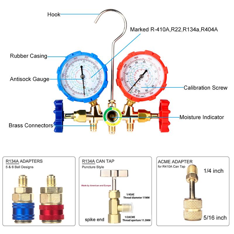 R410A R22 R134a R404A Manifold Gauge Set HVAC A/C Refrigeration Charging Service with Hoses Adjustable Couplers Adapter