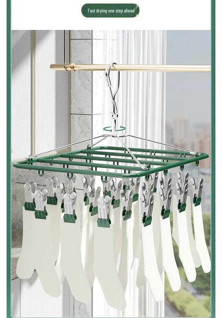 Rotatable Stainless Steel Clothes Drying Rack with 18 Windproof Rubber-Coated Clips for Socks and Underwear