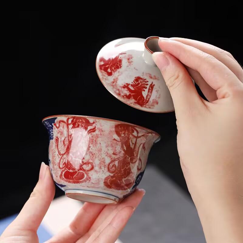 Blue And White Hovering Sancai Cover Bowl Teacup Antique Dunhuang Kung Fu Tea Set Single High-End Tea Bowl With Lid Ceramic Household
