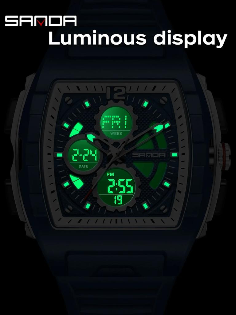 SANDA SD3391 Men Quartz Watch Chronograph Digital Watch Dual Display Outdoor Military Sport LED Luminous Clock