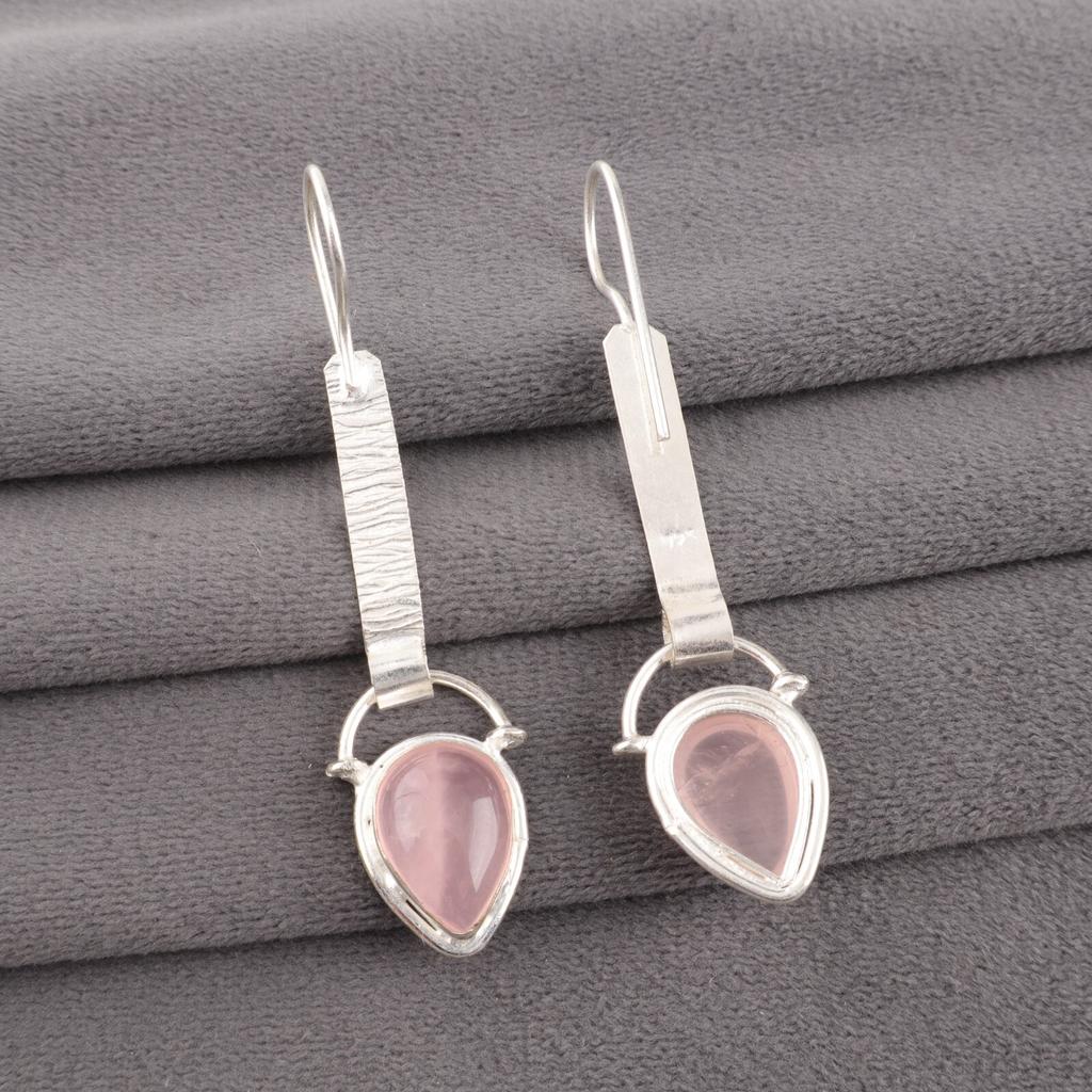 Natural Rose Quartz Gemstone 925 Sterling Silver Jewelry Handmade Earrings 2.3" EE-166-28