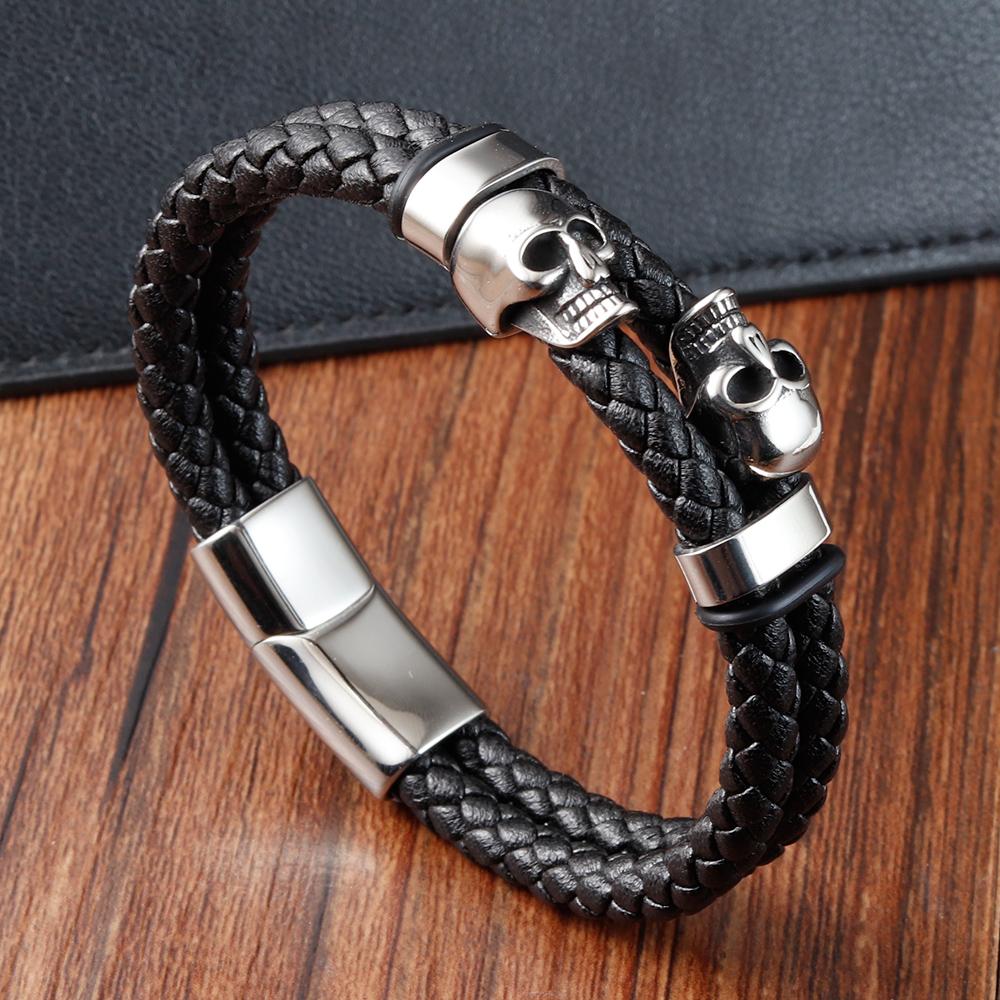 Men's Black Braided Leather Bracelet with Stainless Steel Skull Design Cool Wristband