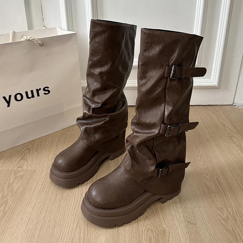 

Pants boots women s boots 2025 new autumn British style belt buckle thick sole height increase thin boots children 40 темно-коричневого