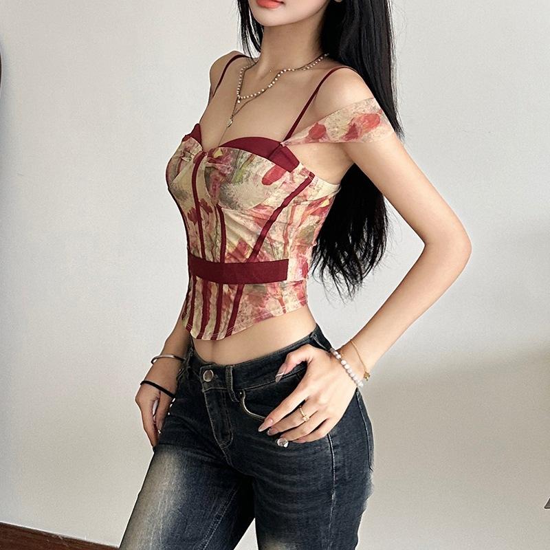 European and American style spring and summer new women's clothing solid color slim street fashion suspender printed halter vest women