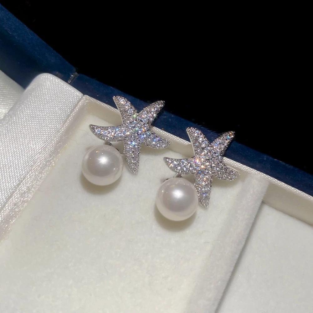 Crystal Starfish Pearl Stud Earrings Ocean Style Starfish Starfish Ear Studs  Women
