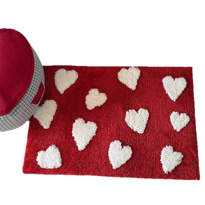 Korean Style Red Velvet Heart Shape Rug Non-Slip Absorbent Floor Mat Bedroom Bathroom Kitchen