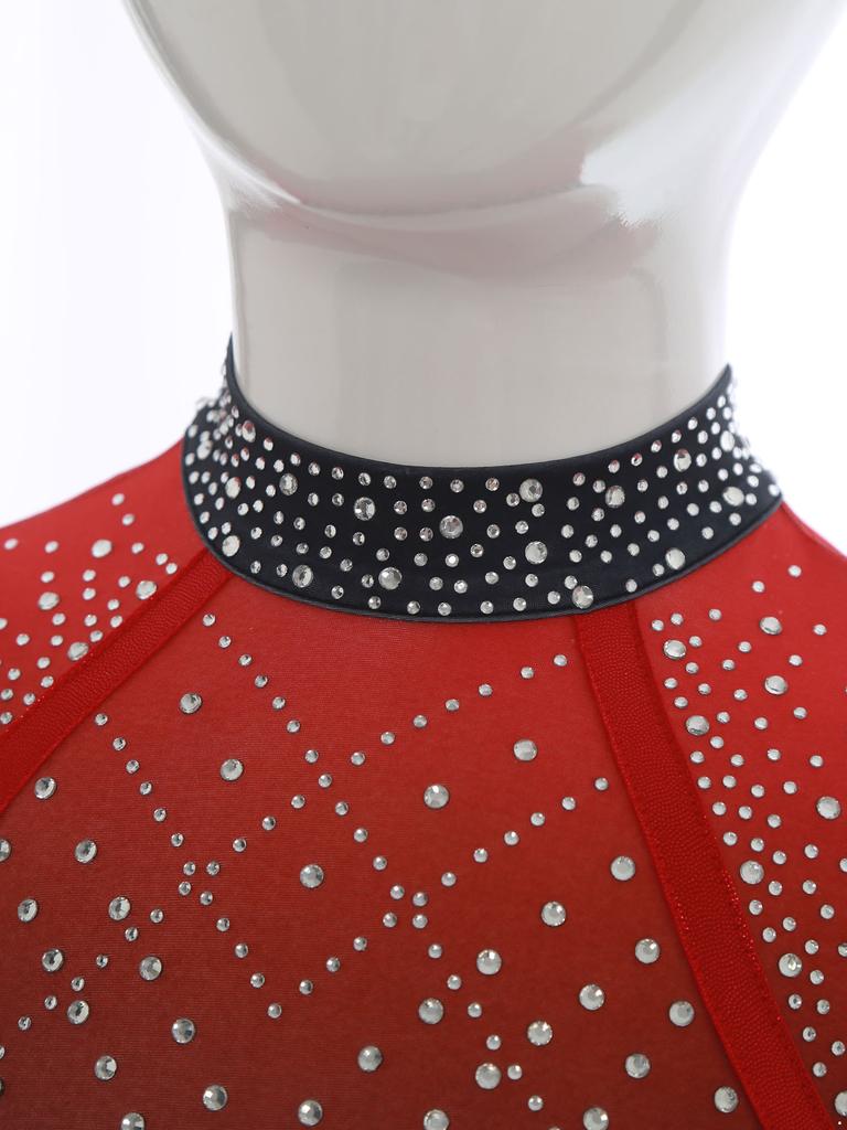 Dívčí barevně blokové baletní triko lesklé umělé diamanty kamínky dlouhý rukáv gymnastický balerínkový overal