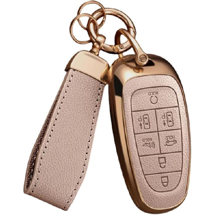 Key Fob Cover For Hyundai With Key Chain, Upper Leather + Soft TPU Car Key Case Shell For 2024   Hyundai Sonata Santa Fe Nexo Tucson (5 Buttons,