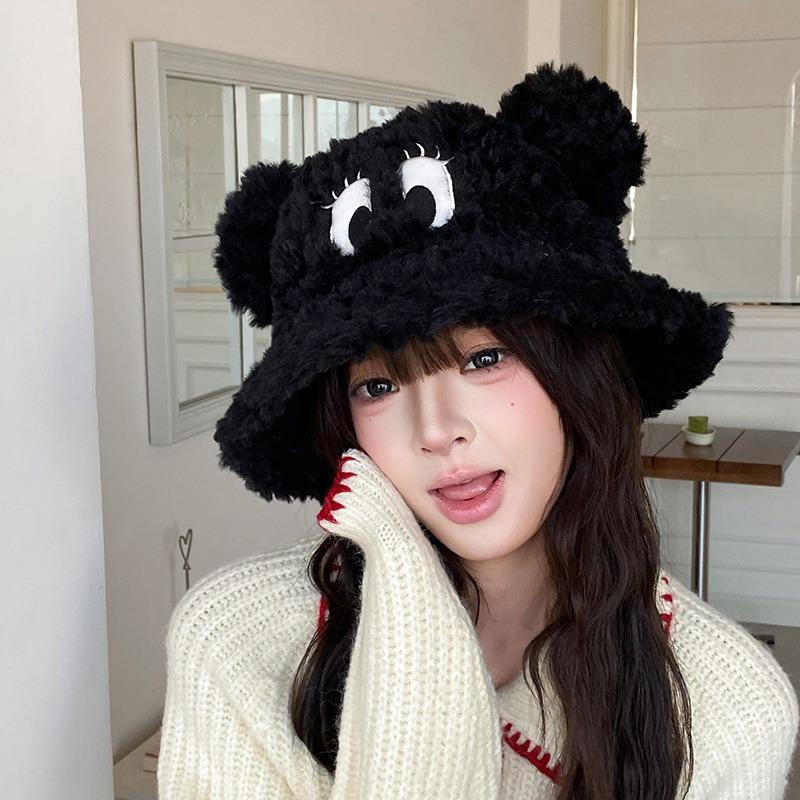 Cute funny big eyes plush hat women autumn and winter thickened thermal basin hat big head circumference cartoon couple bucket hat
